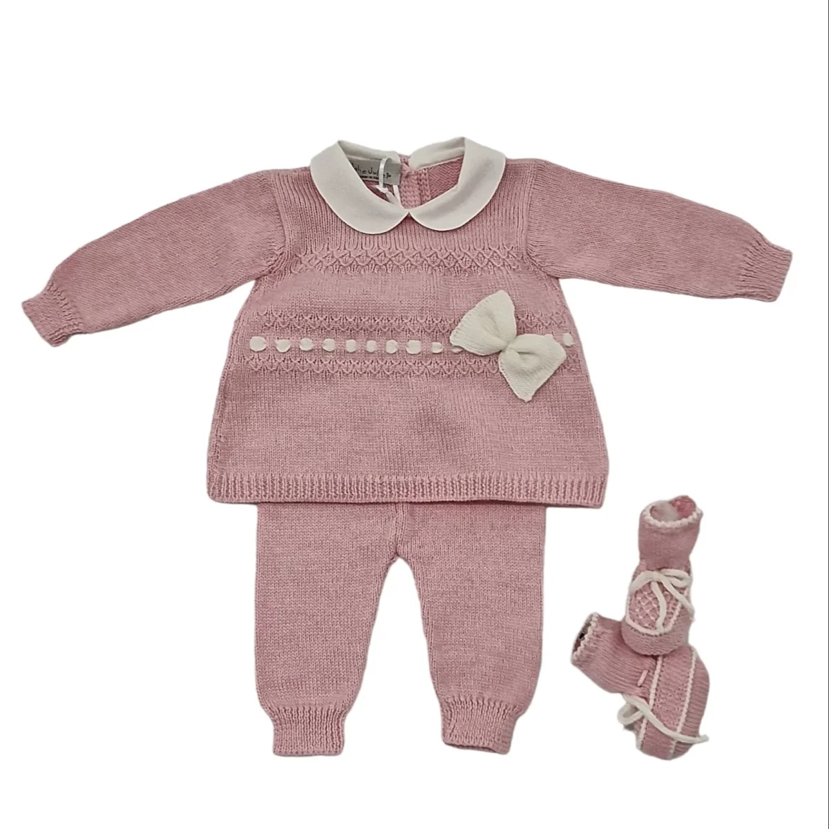 Completo neonata 100% lana rosa con fiocco bianco comprese babbucce - immagine 2