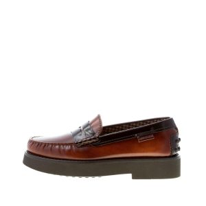 TOD’S donna mocassino penny in pelle semilucida CUOIO e NERO con gommini. Suola gomma