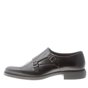 SANTONI uomo scarpa con doppia fibbia in pelle spazzolata NERO. Suola gomma