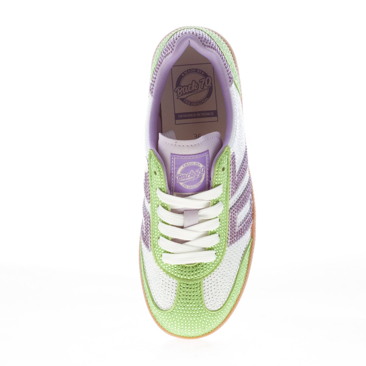 BACK 70 sneaker Sirio 305 donna in suede e tessuto VERDE VIOLA con strass - immagine 6
