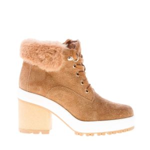 HOGAN donna tronchetto allacciato in camoscio CUOIO con eco-pelliccia. Tacco 6,5 cm