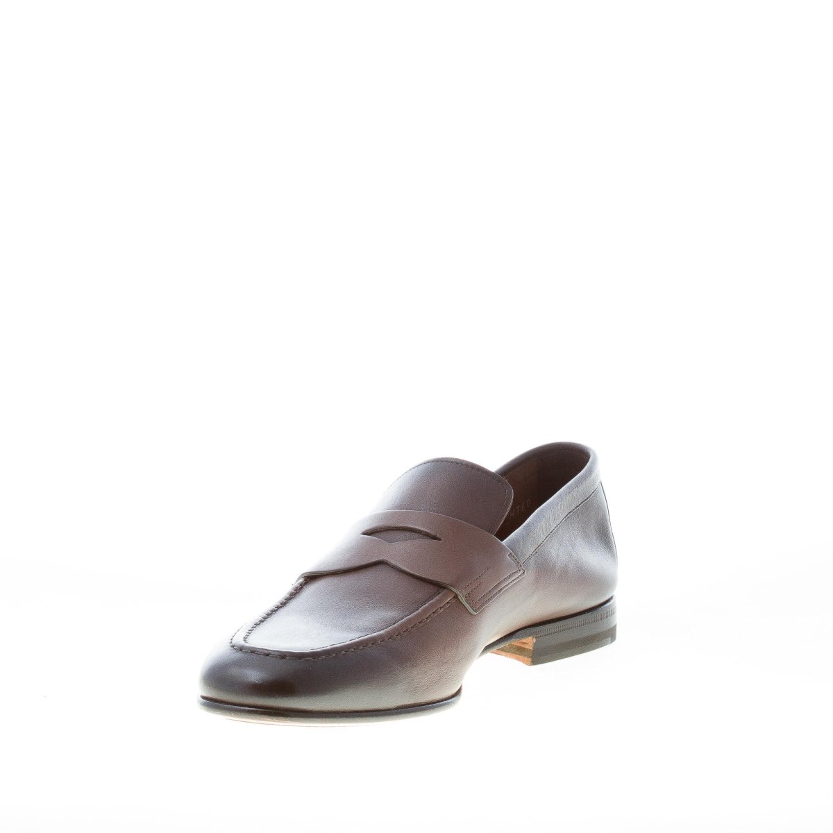 SANTONI uomo mocassino classico in pelle sfumata TESTA DI MORO con mascherina. Suola cuoio - immagine 7