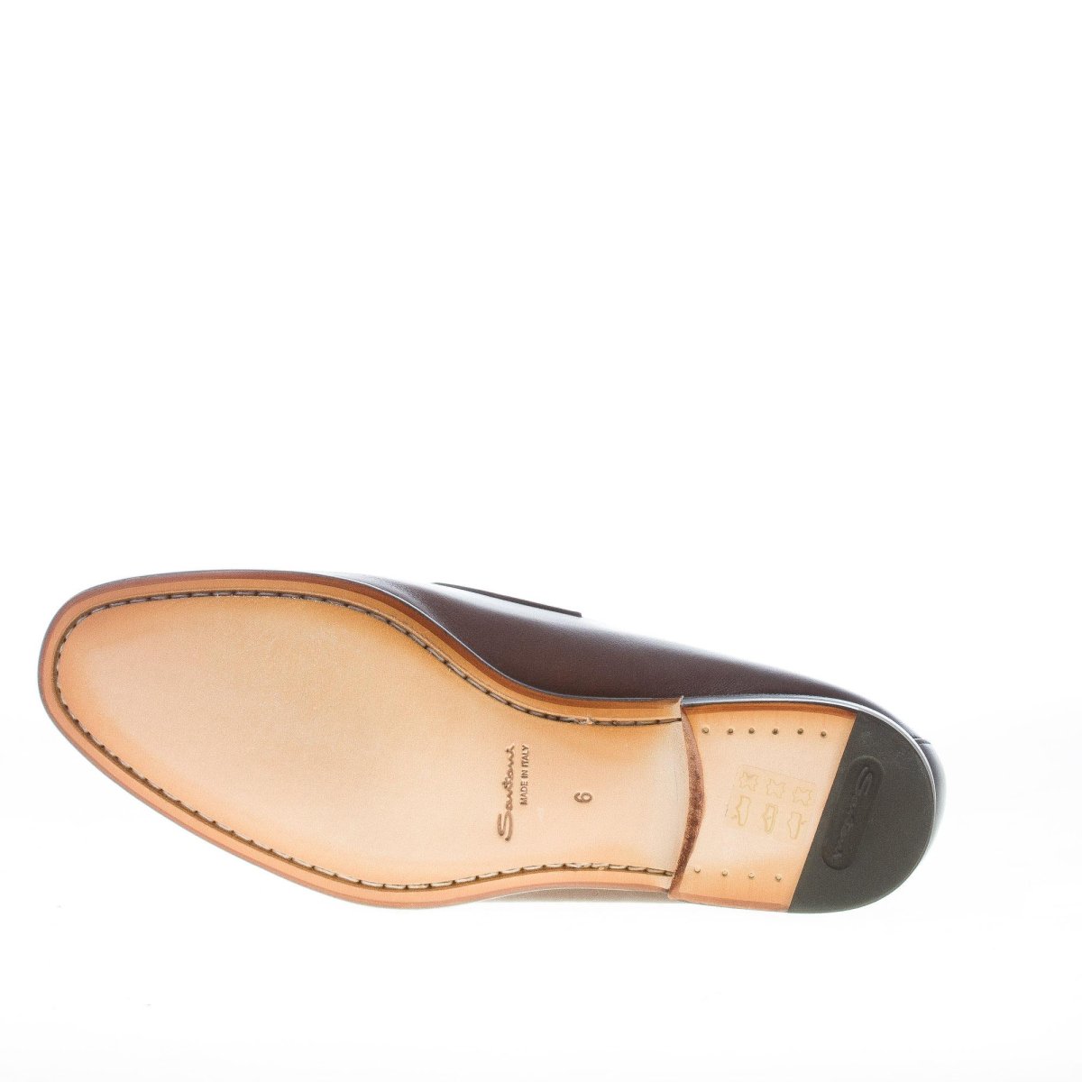 SANTONI uomo mocassino classico in pelle sfumata TESTA DI MORO con mascherina. Suola cuoio - immagine 9
