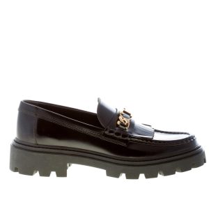 TOD’S donna mocassino in pelle semilucida NERO con frangia e T-Chain oro. Suola carrarmato